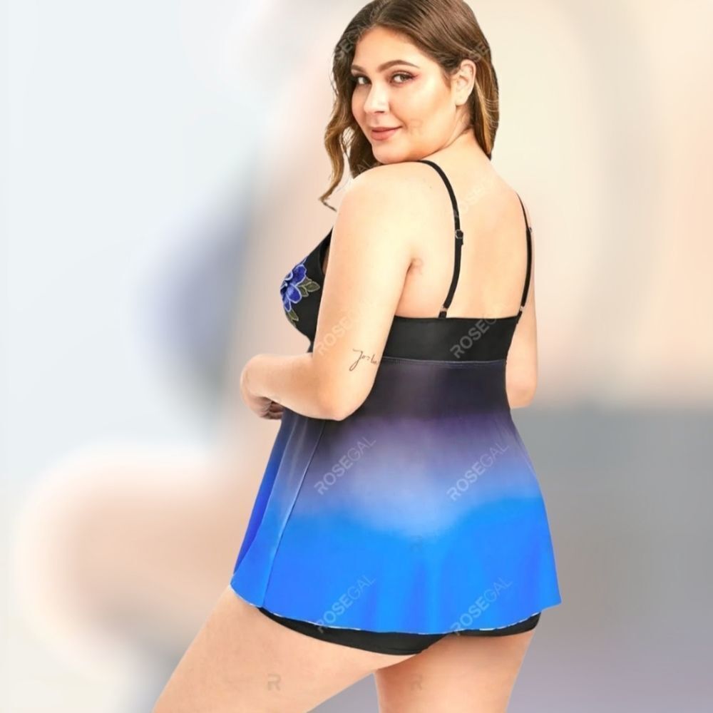 ROSEGAL Ombre Lattice Floral Embroidered Applique Two- Piece Plus Size Swimsuit - Picture 9 of 16
